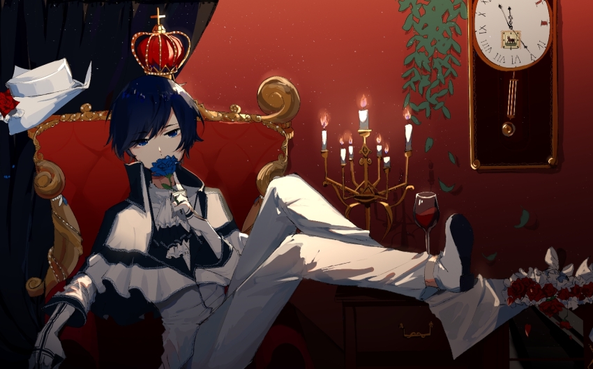 1boy, akita_124709, artificial_flower, ascot, blue_eyes, blue_hair, chair, chandelier