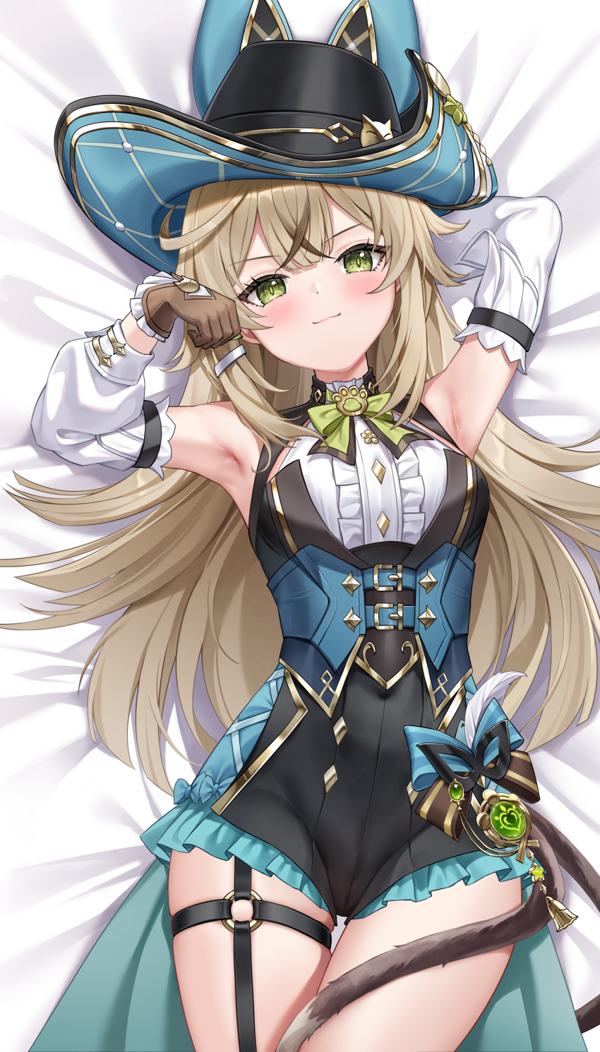 1girl, absurdres, arm_behind_head, armpits, bow, bowtie, brown_gloves, cat_girl