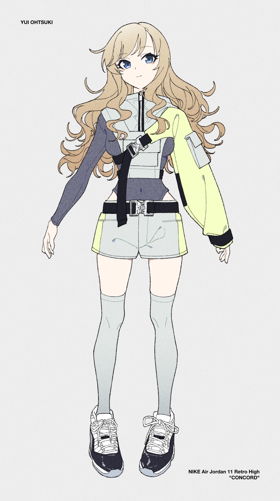 acubi_tomaranai, air_jordan, air_jordan_11, belt, black_belt, black_shoes, blonde_hair, blue_eyes