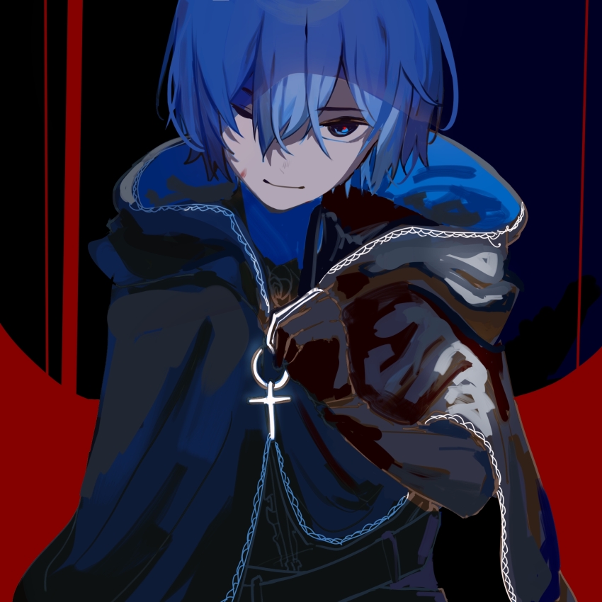 1boy, akita_124709, black_cloak, black_gloves, blue_eyes, blue_hair, cloak, closed_mouth, gloves, hair_between_eyes, hand_up, highres, hood, hooded_cloak, kaito_(vocaloid), light_smile, looking_at_viewer, male_focus, one_eye_closed, red_pupils, short_hair, simple_background, solo, upper_body, vocaloid