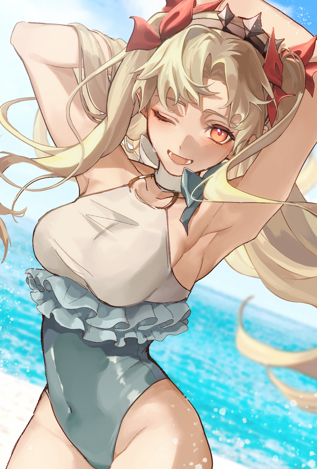 1girl, armpits, arms_up, bare_shoulders, blonde_hair, bow, breasts, ereshkigal_(fate), fate/grand_order, fate_(series), grey_one-piece_swimsuit, hair_bow, hairband, highres, long_hair, looking_at_viewer, medium_breasts, o-ring, oda_(oda_utk), one-piece_swimsuit, one_eye_closed, open_mouth, parted_bangs, red_eyes, smile, solo, ereshkigal_(swimsuit_beast)_(fate), swimsuit, thighs, two-tone_swimsuit, two_side_up, white_one-piece_swimsuit