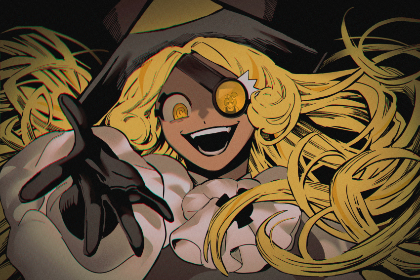 1girl, absurdly_long_hair, absurdres, ascot, black_background, black_gloves, black_mouth, blonde_hair