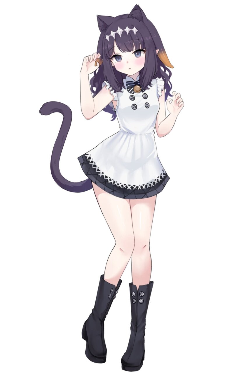 1girl, animal_ears, apron, bell, black_boots, blue_eyes, blunt_bangs, blush