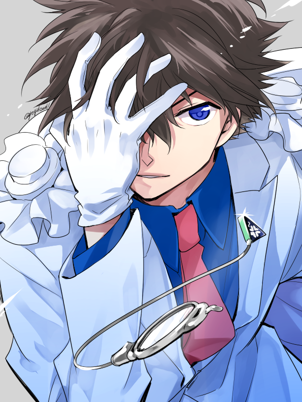 1boy, blue_eyes, blue_shirt, brown_hair, cape, collared_shirt, formal_clothes, gloves