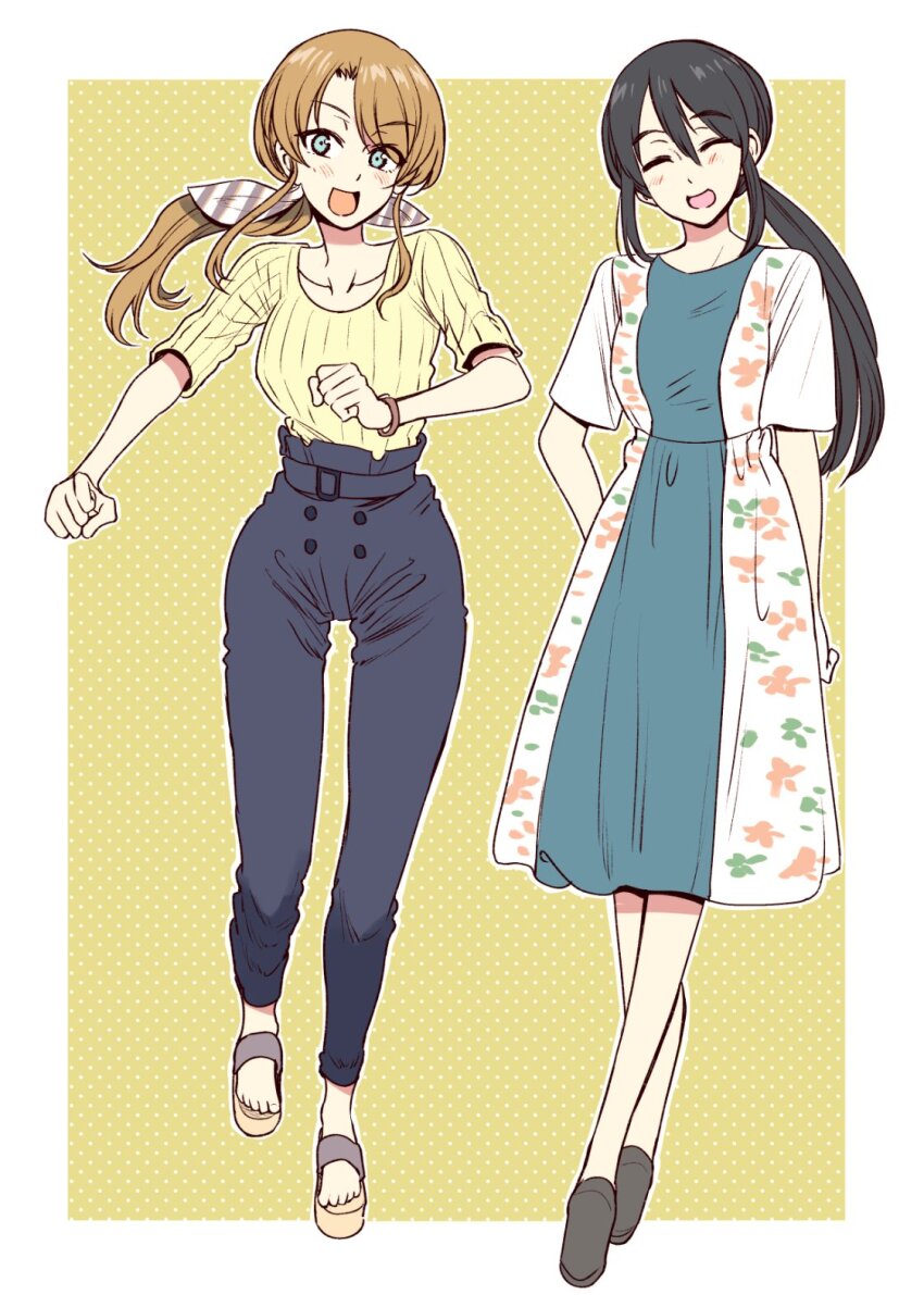 2girls, :d, aqua_eyes, arm_behind_back, black_pants, blue_dress, blush, bonkara_(sokuseki_maou)