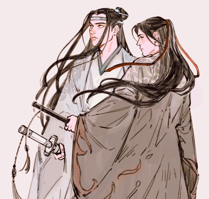 2boys, black_hair, black_hanfu, blue_trim, brown_background, chinese_clothes, closed_mouth, cloud_print