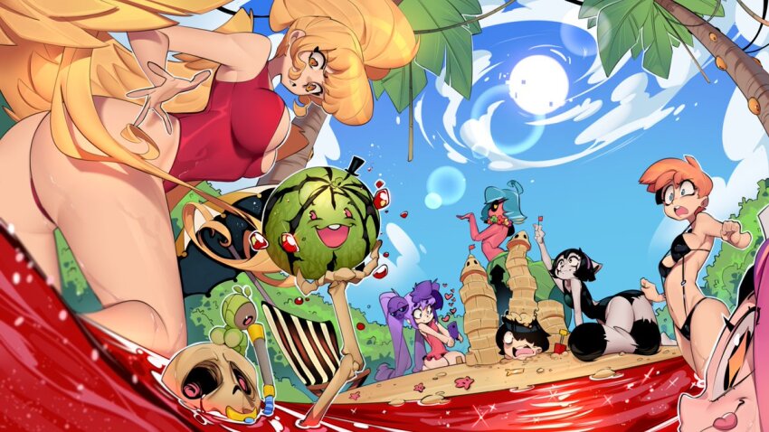 6+girls, andy_(freaked_fleapit), ass, bellboy_(freaked_fleapit), bikini, black_bikini, black_one-piece_swimsuit, blue_hair