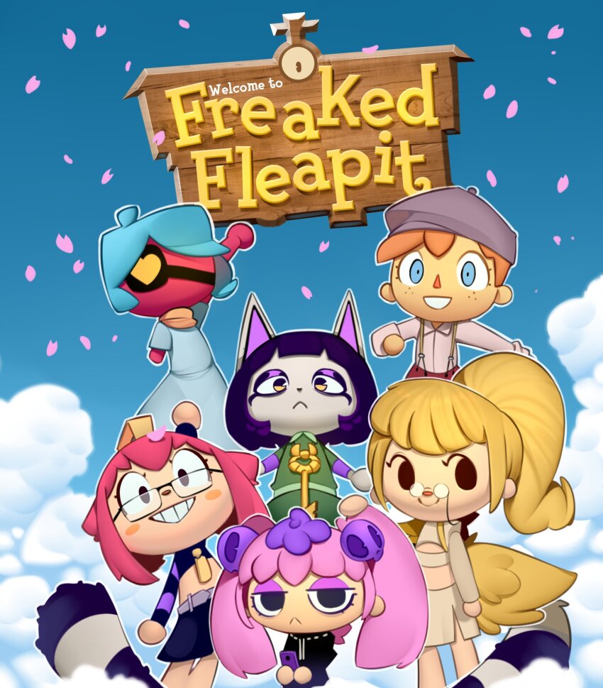 6+girls, animal_crossing, animal_crossing_(style), bellboy_(freaked_fleapit), blonde_hair, blue_eyes, blue_sky, blush_stickers