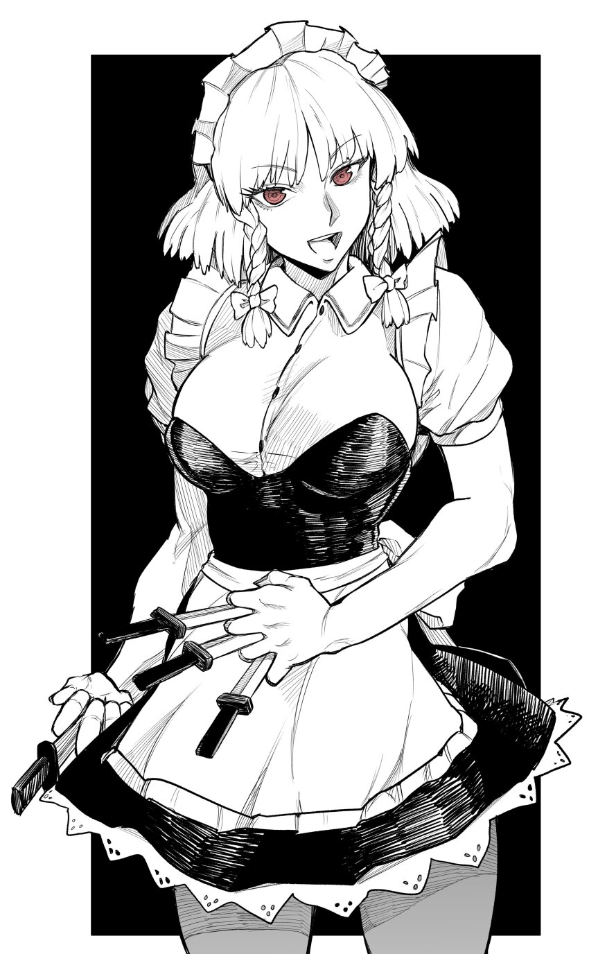 1girl, absurdres, axel_hi, black_background, braid, breasts, cowboy_shot, greyscale