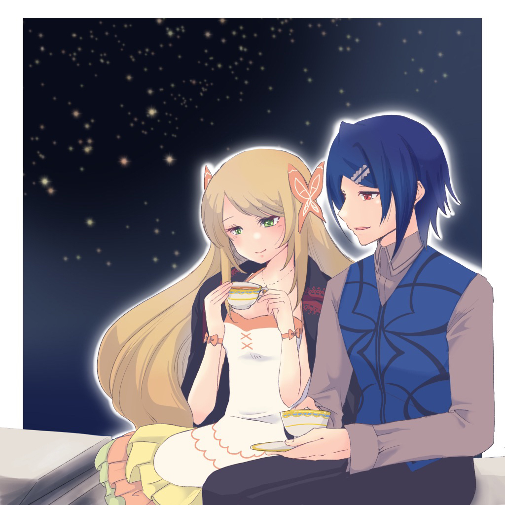 1boy, 1girl, ajapa0621, alcryst_(fire_emblem), blonde_hair, blue_hair, butterfly_hair_ornament, celine_(fire_emblem)