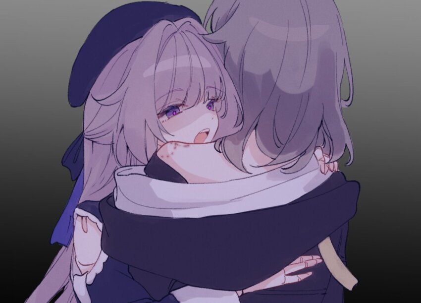 2girls, bite_mark, brown_hair, doll_joints, genshou_ex, grey_hair, hat, herta_(puppet)_(honkai:_star_rail)