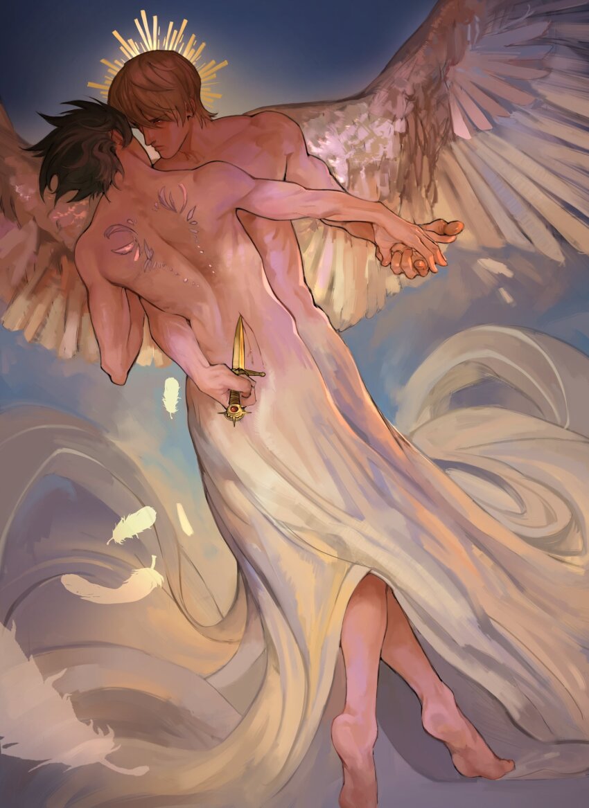 2boys, angel_wings, arm_around_another's_back, back, bare_shoulders, barefoot, black_hair, blonde_hair, blood, blue_background, commentary, dagger, death_note, eye_contact, falling_feathers, feathers, hair_behind_ear, hair_between_eyes, halo, highres, holding, holding_dagger, holding_hands, holding_knife, holding_weapon, isa_(babeyxiao), knife, l_(death_note), looking_at_another, male_focus, multiple_boys, outstretched_arm, skirt, untranslatable_commentary, topless_male, weapon, white_feathers, white_skirt, wings, yagami_light