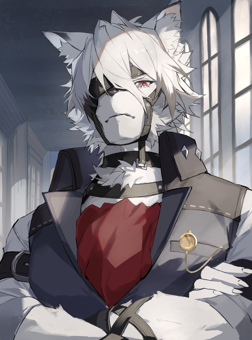 1boy, animal_ears, butler, closed_mouth, commentary_request, crossed_arms, expressionless, facing_viewer