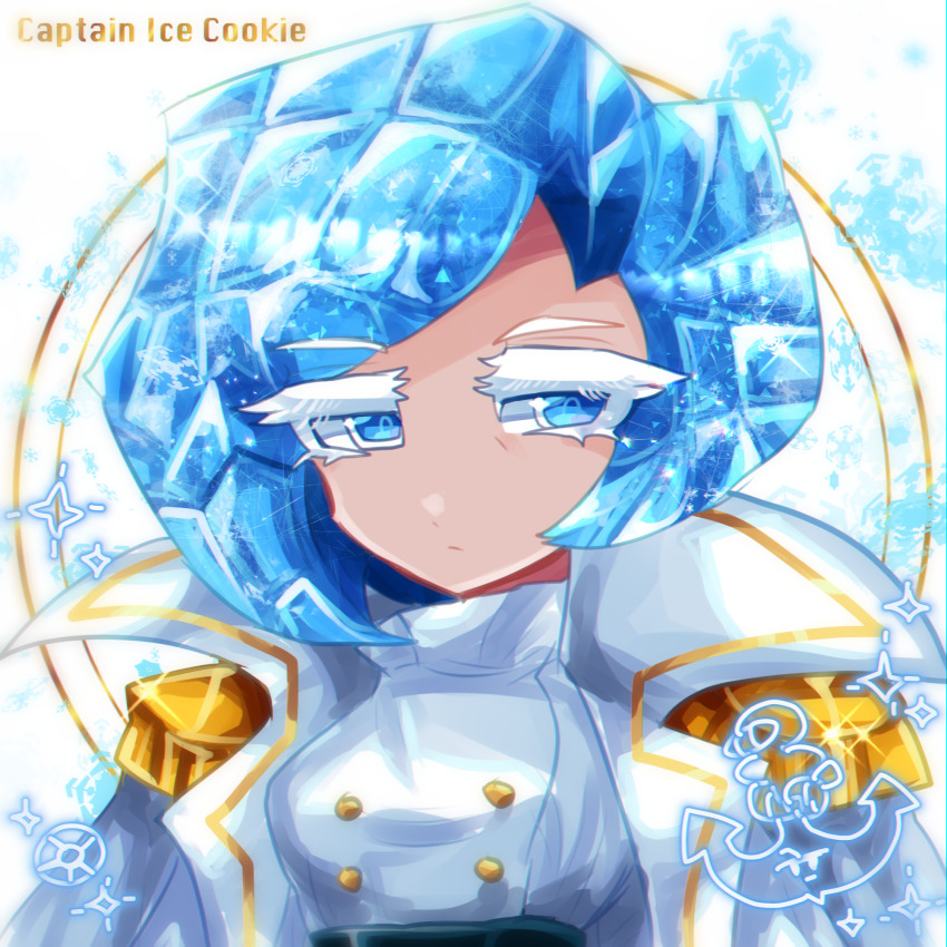 1girl, androgynous, blue_eyes, blue_hair, buttons, captain_ice_cookie, character_name, coat, colored_eyelashes, commentary_request, cookie_run, cookie_run:_ovenbreak, dark-skinned_female, dark_skin, epaulettes, highres, humanization, murasakigezi, reverse_trap, short_hair, signature, solo, sparkle, upper_body, white_background, white_coat, white_eyelashes