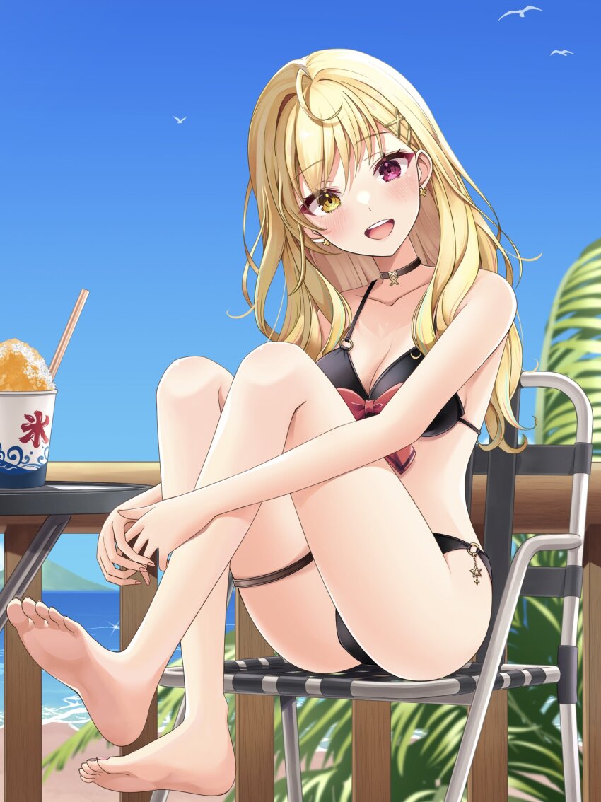 1girl, absurdres, ahoge, alternate_costume, alternate_hairstyle, barefoot, beach, bikini