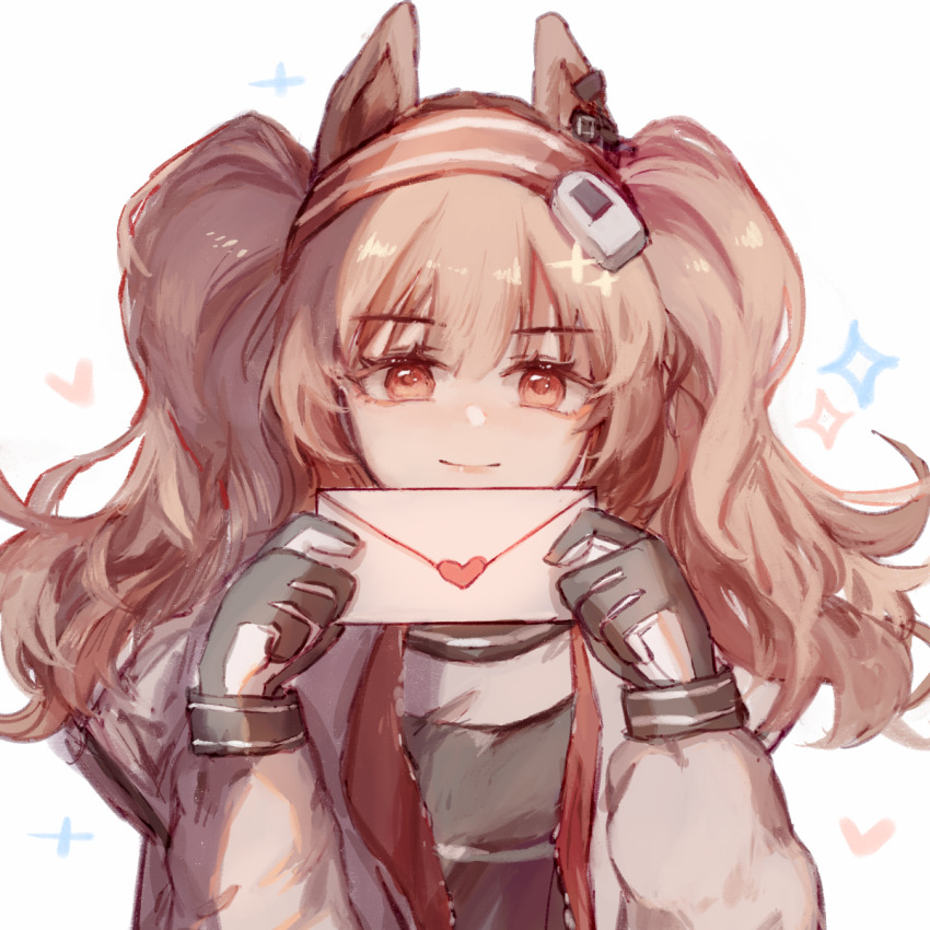 1girl, aegyo_sal, angelina_(arknights), animal_ears, arknights, black_gloves, black_shirt, brown_hair