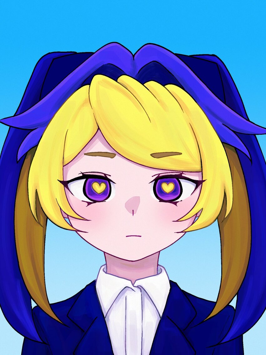 1girl, alternate_costume, blonde_hair, blue_background, blue_hair, blue_jacket, blush, closed_mouth, collared_shirt, commentary_request, dounika_nacchai_sou!, dress_shirt, expressionless, hair_intakes, heart, heart-shaped_pupils, highres, id_photo, jacket, lapels, looking_at_viewer, multicolored_eyes, multicolored_hair, office_lady, original, portrait, purple_eyes, shirt, simple_background, solo, straight-on, swept_bangs, symbol-shaped_pupils, twintails, two-tone_eyes, two-tone_hair, white_shirt, yellow_pupils, yomitan_akane