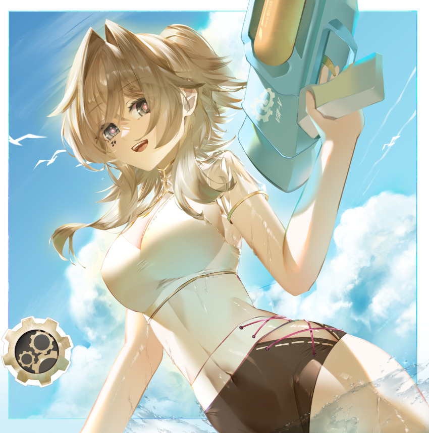 1girl, absurdres, bikini, bikini_top_only, blue_sky, breasts, brown_hair, brown_shorts