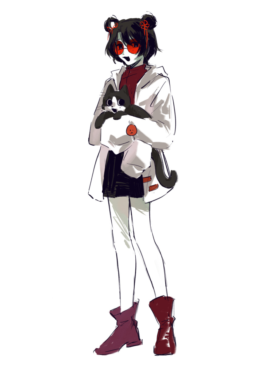 1girl, absurdres, animal, bai_(bai40554), black_eyes, black_hair, black_skirt, boots