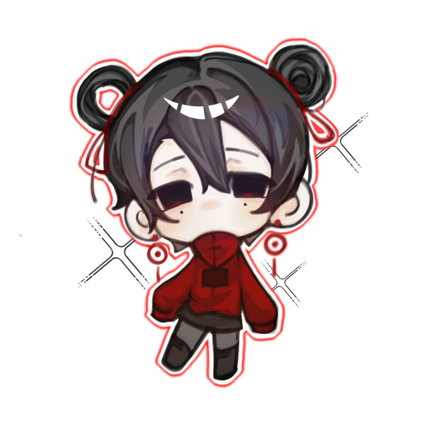 1girl, alternate_eye_color, black_boots, black_hair, black_pantyhose, black_skirt, boots, chibi, chibi_inset, chinese_commentary, commentary_request, earrings, hair_between_eyes, hair_bun, hair_ribbon, hair_rings, high_collar, highres, jacket, jewelry, li_yuting_(female), long_sleeves, miniskirt, mole, mole_under_each_eye, mole_under_eye, multiple_moles, pantyhose, red_eyes, red_jacket, red_ribbon, ribbon, short_hair, single_hair_bun, single_hair_ring, skirt, sleeves_past_fingers, sleeves_past_wrists, solo, touqi_guaitan, white_background, whsnl7837383