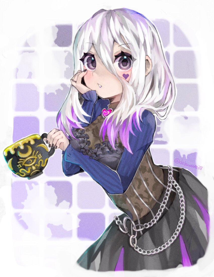 1girl, animification, black_nails, breasts, cup, dead_by_daylight, delaware3850, facial_mark, fingernails, hair_between_eyes, hand_on_own_cheek, hand_on_own_face, heart, heart_facial_mark, highres, holding, holding_cup, jewelry, long_hair, long_sleeves, medium_breasts, mug, multicolored_hair, nail_polish, parted_lips, purple_eyes, purple_hair, purple_lips, ring, sable_ward, solo, twitter_username, two-tone_hair, white_hair