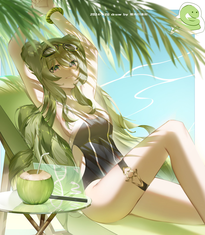 absurdres, beach_chair, black_one-piece_swimsuit, breasts, chair, clothing_cutout, coconut, coconut_cup