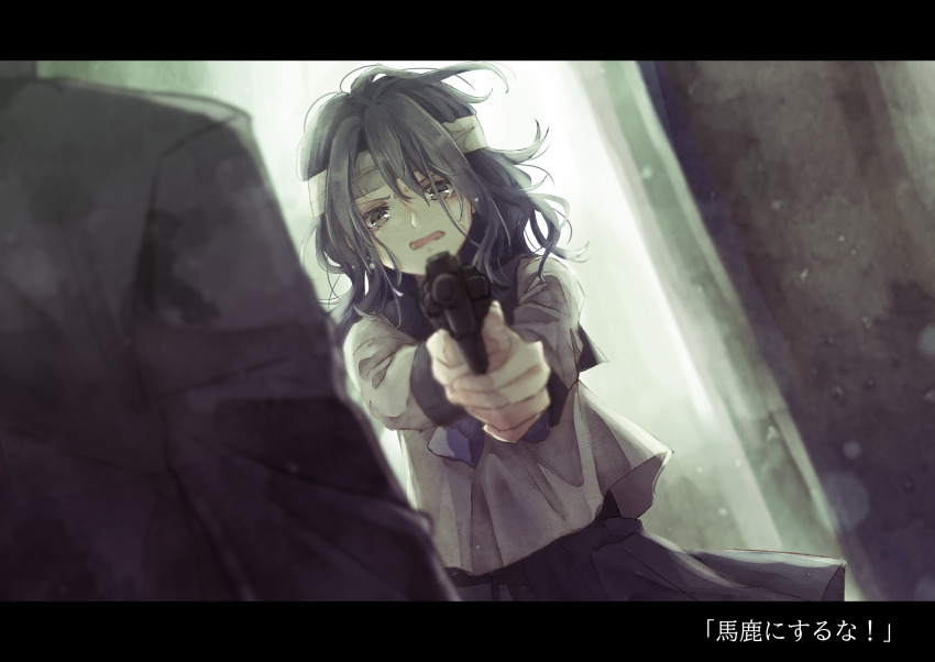 1girl, absurdres, aiming, aiming_at_viewer, bandaged_head, bandages, black_skirt, finger_on_trigger