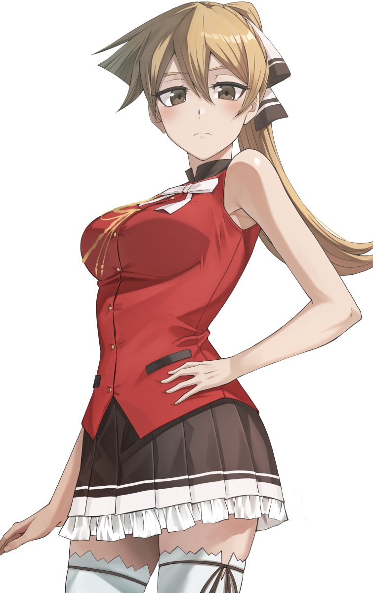 1girl, aiguillette, amagi_brilliant_park, armpit_crease, bare_arms, bare_shoulders, black_skirt, blush
