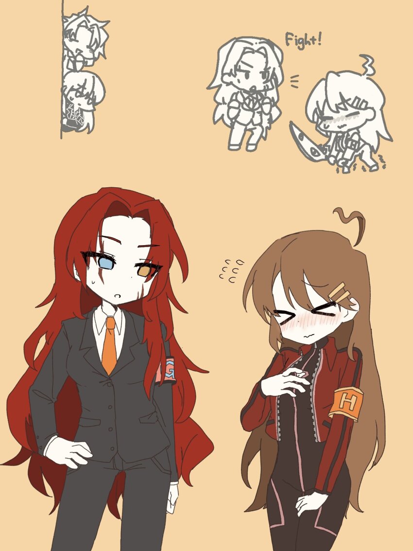 >_<, 2boys, 2girls, ahoge, black_bodysuit, blush, bodysuit, brown_hair, chesed_(project_moon), closed_mouth, cosplay, cropped_jacket, e.g.o_(project_moon), gebura_(project_moon), gebura_(project_moon)_(cosplay), hair_ornament, hairclip, heterochromia, highres, hod_(project_moon), hod_(project_moon)_(cosplay), jacket, june_blues, lobotomy_corporation, long_hair, mimicry_(e.g.o), multiple_boys, multiple_girls, netzach_(project_moon), orange_background, parted_bangs, project_moon, red_hair, red_jacket, simple_background, very_long_hair, yellow_eyes