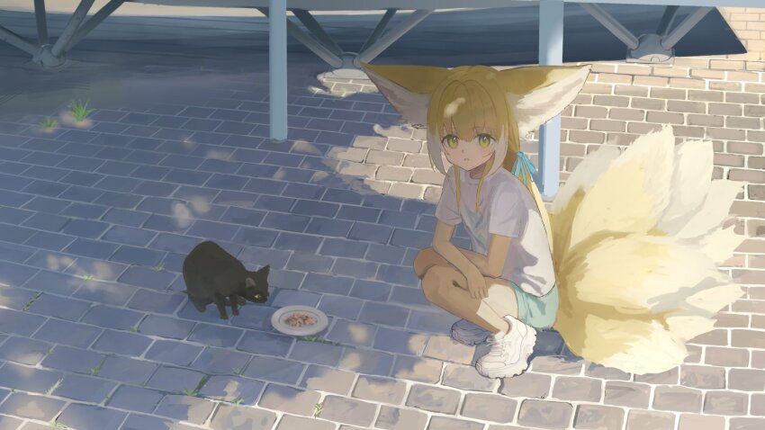 1girl, alternate_costume, animal, animal_ear_fluff, animal_ears, arknights, black_cat, blonde_hair, blue_shorts, cat, commentary_request, dappled_sunlight, day, expressionless, food, fox_ears, fox_girl, fox_tail, full_body, green_eyes, highres, kitsune, looking_at_viewer, mikeneko90, multiple_tails, outdoors, parted_lips, shadow, shirt, shoes, short_sleeves, shorts, sneakers, squatting, sunlight, suzuran_(arknights), table, tail, white_shirt, white_shoes