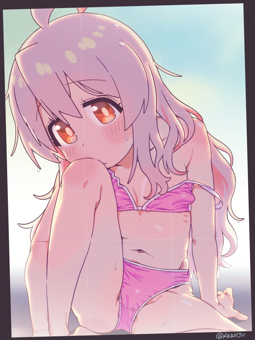 1girl, ahoge, arm_support, armpit_crease, bare_arms, bare_legs, bare_shoulders, bikini, blush, closed_mouth, collarbone, commentary_request, flat_chest, grey_hair, hair_between_eyes, hashtag-only_commentary, head_tilt, highres, knee_to_face, knee_up, long_hair, matado_(almukha), multicolored_hair, navel, onii-chan_wa_oshimai!, orange_eyes, oyama_mahiro, pink_bikini, pink_hair, ribs, sitting, solo, strap_slip, streaked_hair, sweatdrop, swimsuit, twitter_username, viewfinder, wet, wet_hair