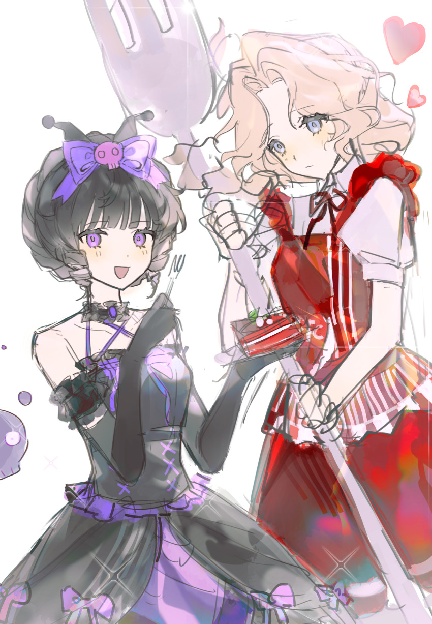 2girls, absurdres, black_dress, black_gloves, black_hair, blonde_hair, blue_eyes, bow, breasts, chinese_commentary, closed_mouth, collared_shirt, commentary_request, cosplay, dress, fork, frilled_gloves, frills, gloves, grace_(chef_k)_(identity_v), grace_(identity_v), hair_bow, heart, highres, holding, holding_fork, identity_v, kuromi, kuromi_(cosplay), long_hair, mary_(identity_v), mary_(merry_kuromi)_(identity_v), medium_breasts, medium_hair, multiple_girls, my_melody_(series), neck_ribbon, niestea, open_mouth, puffy_short_sleeves, puffy_sleeves, purple_bow, purple_eyes, red_dress, red_shirt, ribbon, sanrio, shirt, short_hair, short_sleeves, simple_background, sketch, sleeveless, sleeveless_dress, sleeveless_shirt, smile, white_background