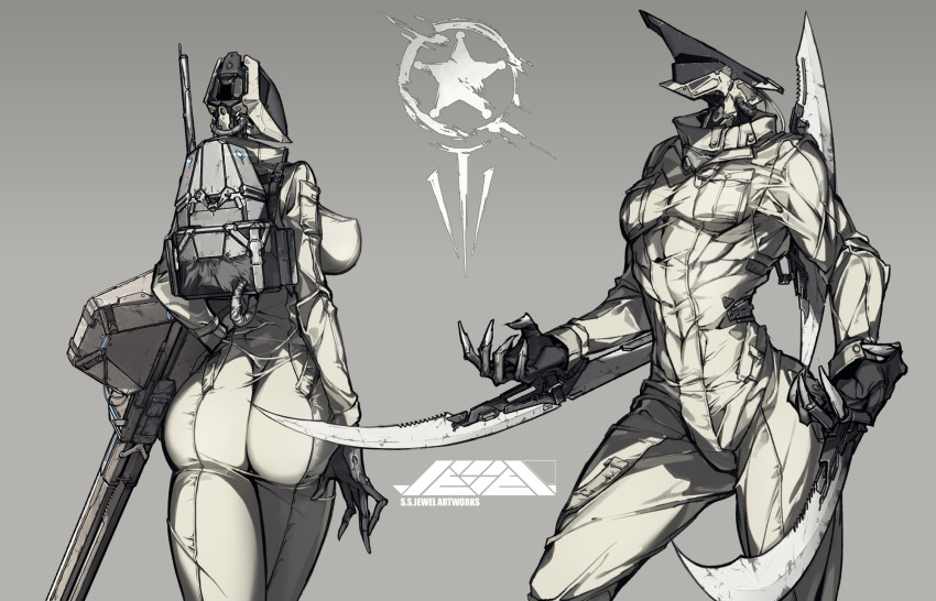 1boy, 1girl, android, arm_blade, artist_logo, ass, backpack, bag, breasts, covered_erect_nipples, from_behind, gradient_background, grey_background, highres, juerucj, jumpsuit, lancer_(rimworld), large_breasts, logo, long_sleeves, original, pectorals, rimworld, science_fiction, scyther_(rimworld), thighs, weapon, white_jumpsuit