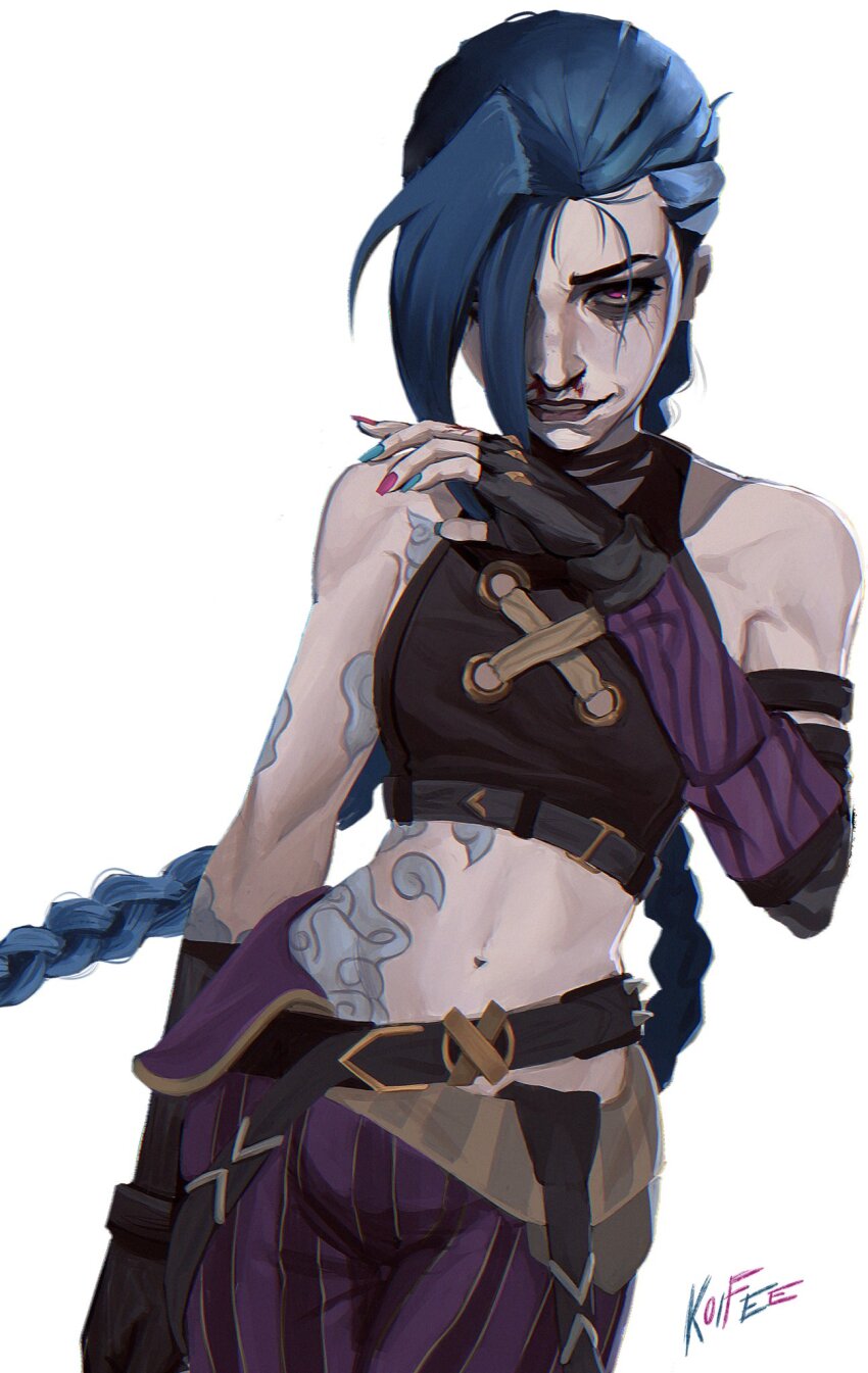 arcane:_league_of_legends, arcane_jinx, arm_tattoo, asymmetrical_bangs, blood, braid, cloud_tattoo, crop_top