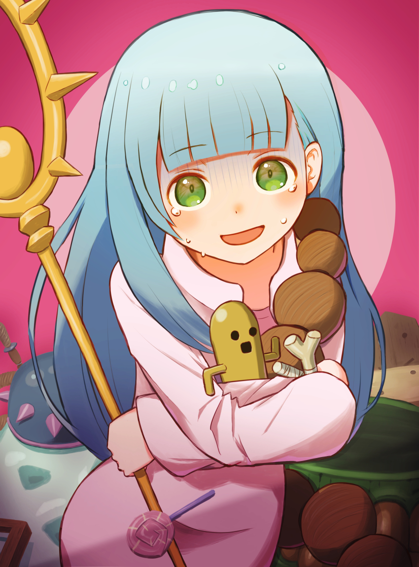 1girl, :d, absurdres, belle_(dungeon_people), blunt_bangs, candy, crying, crying_with_eyes_open