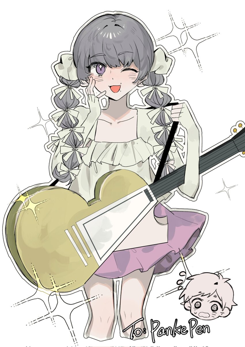 1girl, :d, adapted_costume, akasasachii, alternate_costume, alternate_hairstyle, blush, chibi, chibi_inset, commentary, cropped_legs, english_commentary, fear_&amp;_hunger, fear_&amp;_hunger_(series), fear_&amp;_hunger_2:_termina, fingerless_gloves, gift_art, gloves, grey_hair, guitar, hair_ribbon, highres, holding, holding_guitar, holding_instrument, instrument, levi_(fear_&amp;_hunger), long_hair, marina_(fear_&amp;_hunger), one_eye_closed, open_mouth, purple_eyes, ribbon, simple_background, smile, solo, sparkle, sparkling_aura, twintails, white_background, white_gloves, white_ribbon