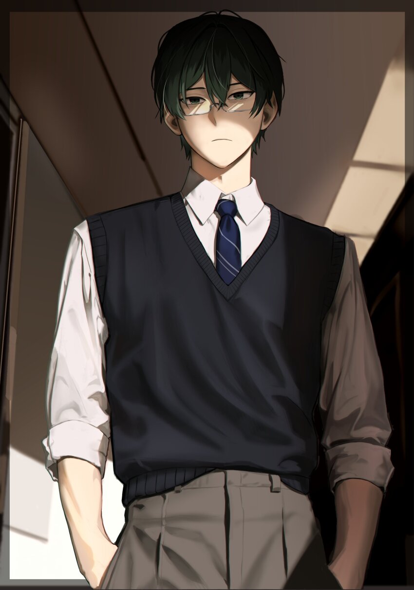 1boy, absurdres, alternate_costume, black_sweater_vest, closed_mouth, collared_shirt, commentary_request, cowboy_shot, frown, glasses, green_eyes, green_hair, grey_pants, hair_between_eyes, highres, indoors, korean_commentary, male_focus, otowa_rui_(saibou_shinkyoku), pants, rectangular_eyewear, saibou_shinkyoku, semi-rimless_eyewear, shirt, short_hair, sleeves_rolled_up, solo, sweater_vest, tuto_r02, twitter_username, white_shirt