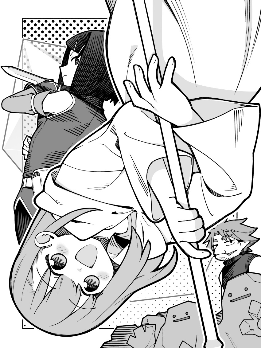 1boy, 2girls, :d, absurdres, belle_(dungeon_people), belt_pouch, clay_(dungeon_people), dungeon_people