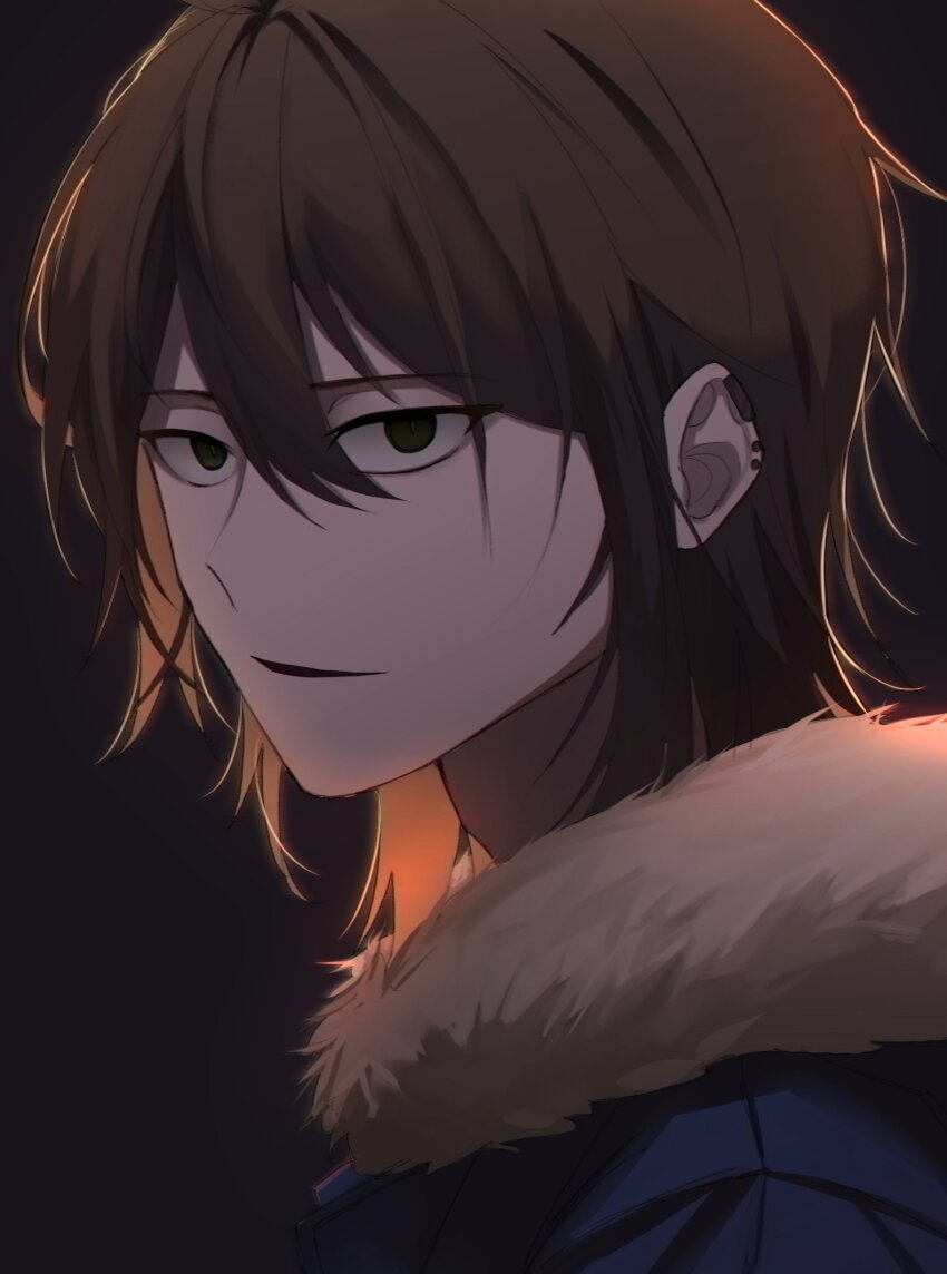 1boy, black_background, blue_jacket, brown_hair, commentary_request, fur-trimmed_jacket, fur_trim, green_eyes