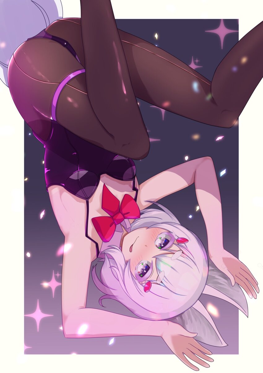 animal_ears, armpits, b_ub6, bare_shoulders, black_pantyhose, blush, fox_ears, fox_tail, highres, leotard, pantyhose, phase_connect, short_hair, simple_background, tail, tenma_maemi, virtual_youtuber, white_hair