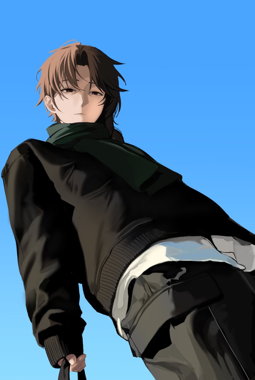 1boy, absurdres, alternate_costume, black_pants, black_sweater, blue_background, brown_hair, closed_mouth