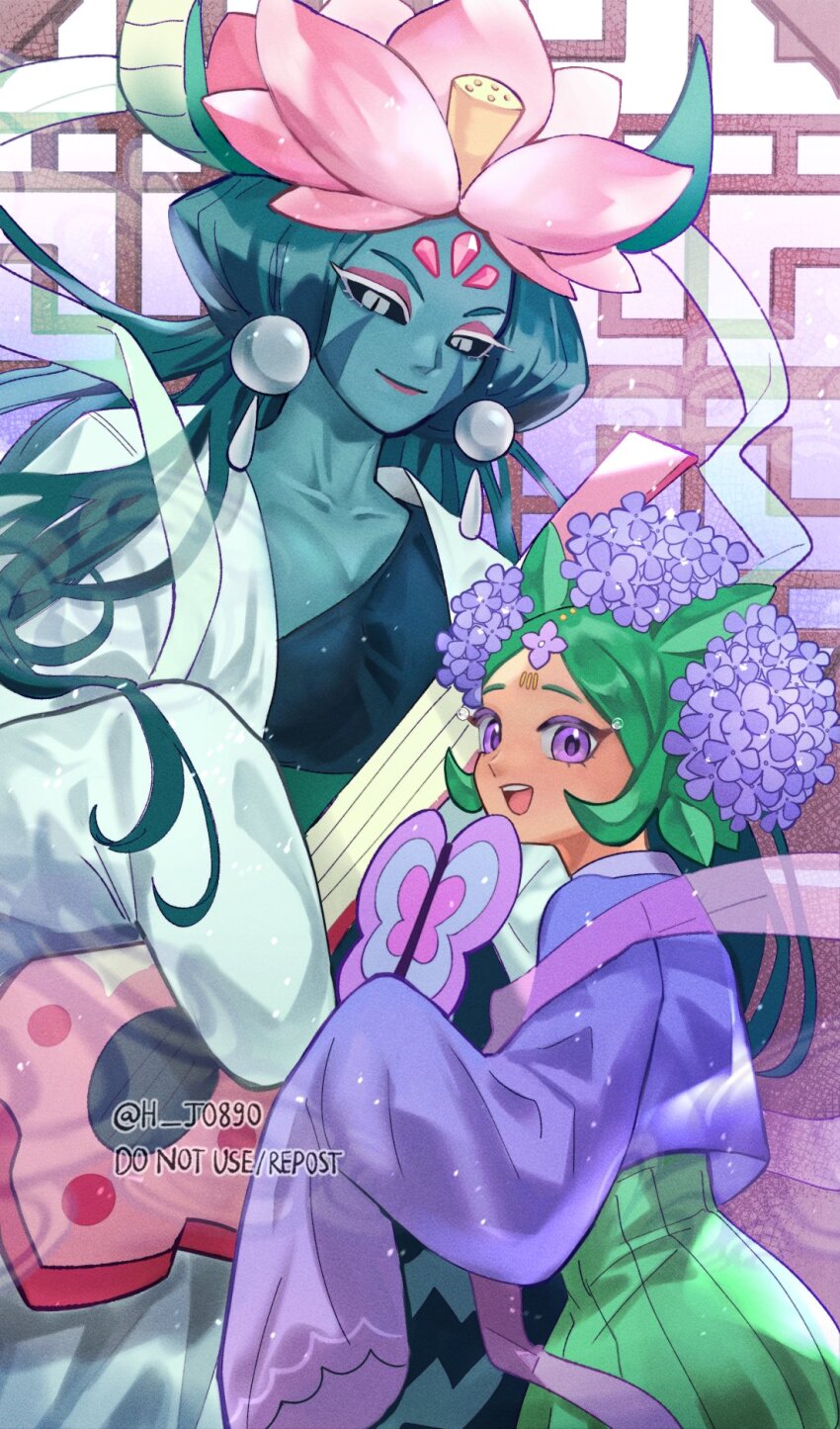 1girl, 1other, age_difference, aqua_hair, aqua_skin, architecture, black_sclera, breasts