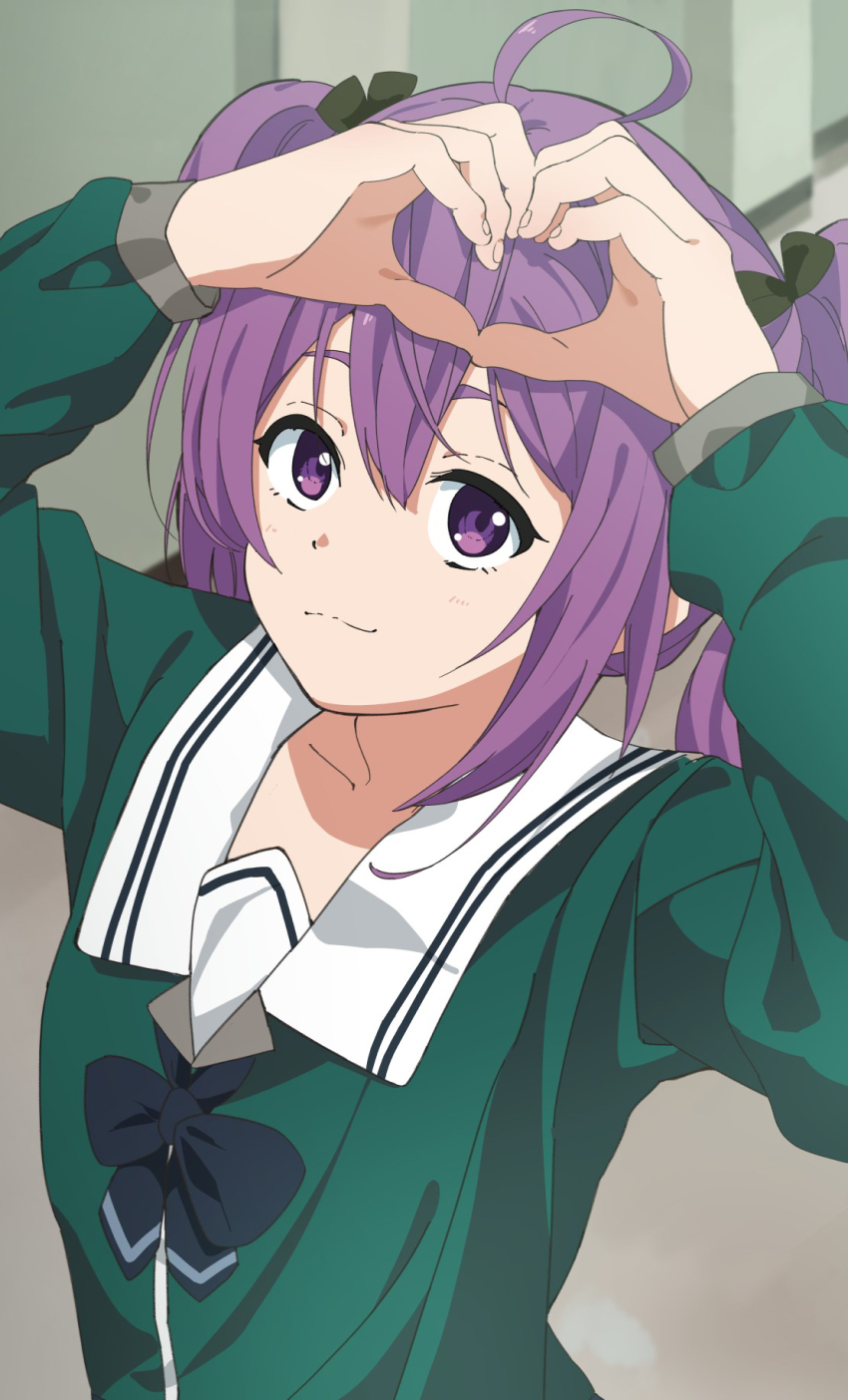 1girl, 22/7, ahoge, arms_up, black_bow, black_bowtie, bow, bowtie, closed_mouth, from_above, green_shirt, hair_between_eyes, heart, heart_hands, highres, indoors, long_hair, long_sleeves, looking_up, ori._(ori_maru00), purple_eyes, purple_hair, rokubanchou_school_uniform, sailor_collar, school_uniform, serafuku, shirt, smile, solo, tojo_yuki, twintails, upper_body, white_sailor_collar, winter_uniform