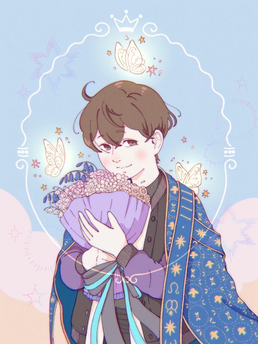 1girl, absurdres, bouquet, brown_eyes, brown_hair, bug, butterfly, flower