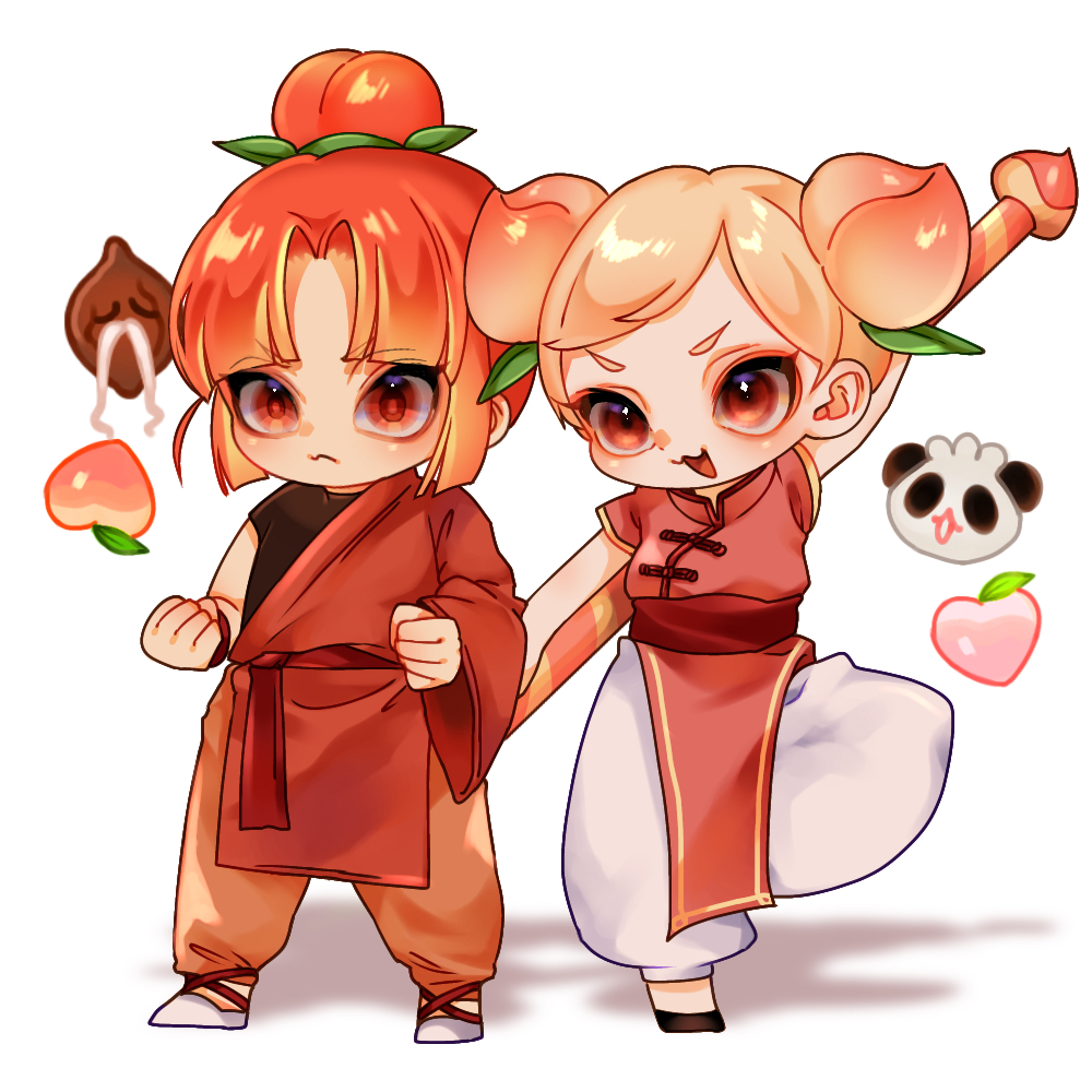 1boy, 1girl, 4am1, :3, commentary_request, cookie_run, cookie_run:_ovenbreak, deformed, full_body, hair_bun, holding, humanization, leaf, open_mouth, orange_eyes, orange_hair, peach_cookie, plum_cookie, short_twintails, simple_background, single_hair_bun, smile, standing, twintails, white_background