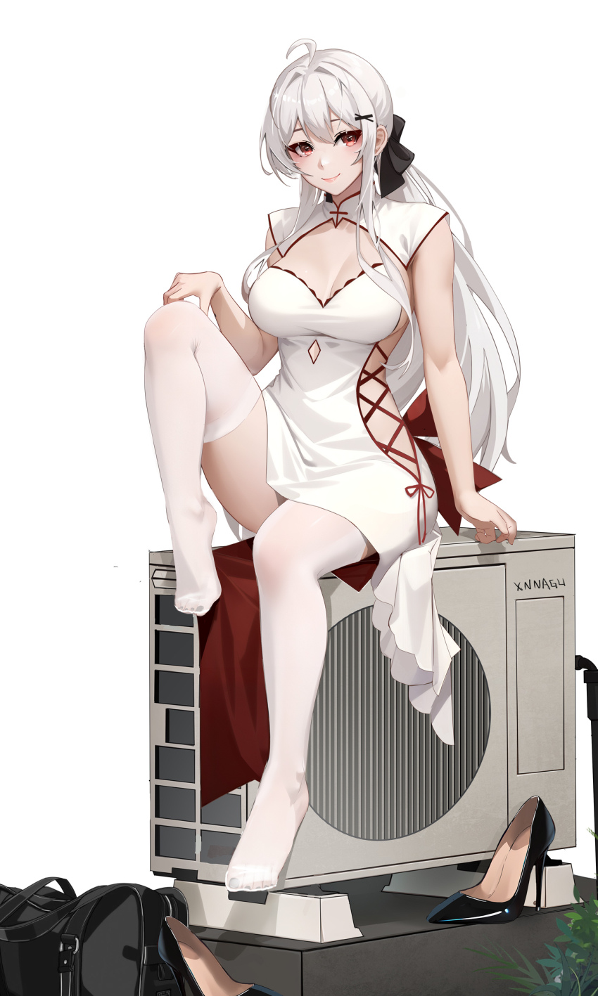 1girl, absurdres, ahoge, artist_name, bag, black_bag, black_bow, black_nails