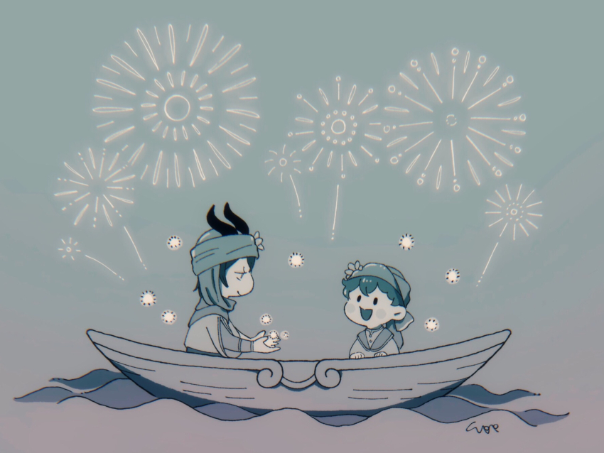 1boy, 1girl, absurdres, arabian_clothes, boat, dragon_boy, dragon_horns, fireworks