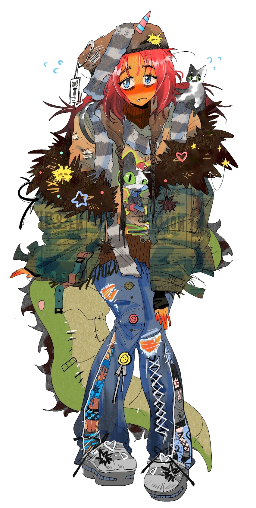 1girl, absurdres, animal, animal_on_shoulder, blue_eyes, blush, cat, denim, fake_tail, fang, full_body, fur-trimmed_jacket, fur_trim, hat, highres, hua_hua_toulaji, jacket, jeans, looking_at_viewer, medium_hair, open_clothes, open_jacket, original, pants, pink_hair, safety_pin, scarf, shoes, slit_pupils, sneakers, solo, standing, tail, white_background, y2k_fashion