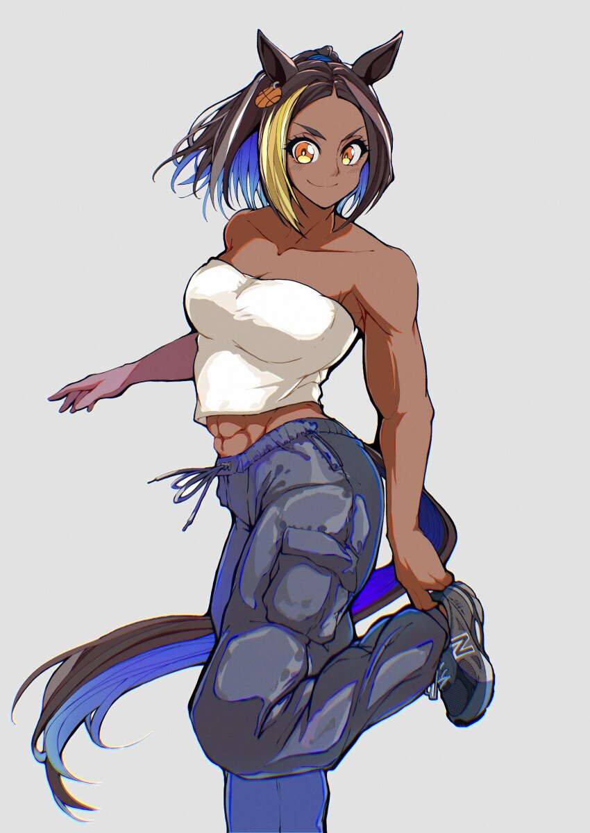 >:), 1girl, abs, absurdres, animal_ears, bare_arms, bare_shoulders, black_shoes