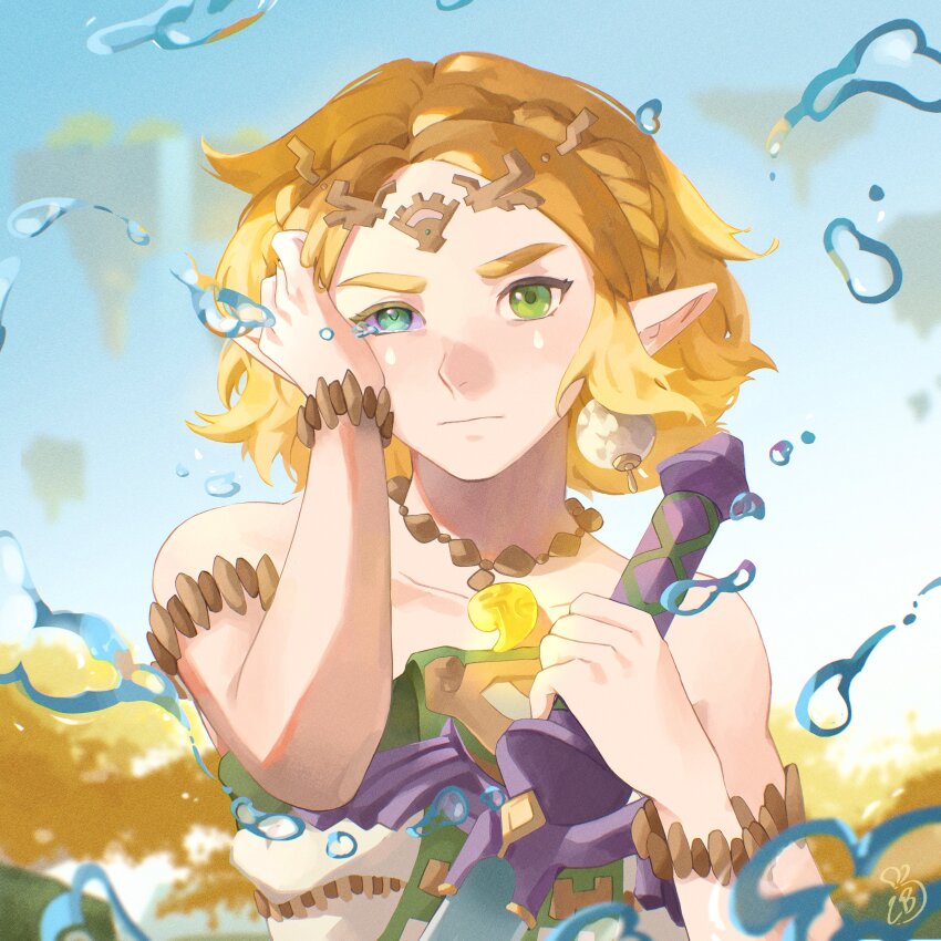 1girl, absurdres, blonde_hair, closed_mouth, colored_sclera, dress, earrings, green_eyes